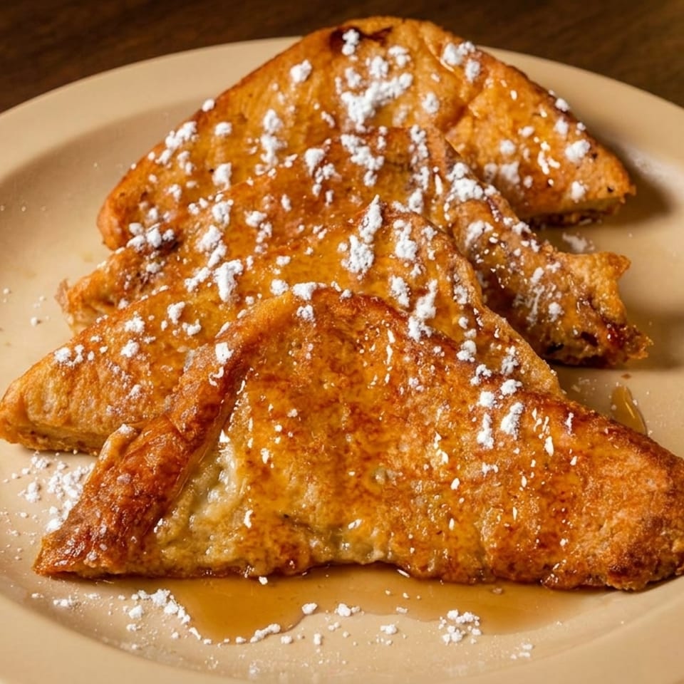 Three pieces of golden-brown French toast, drizzled with syrup and powdered sugar, on a beige plate.