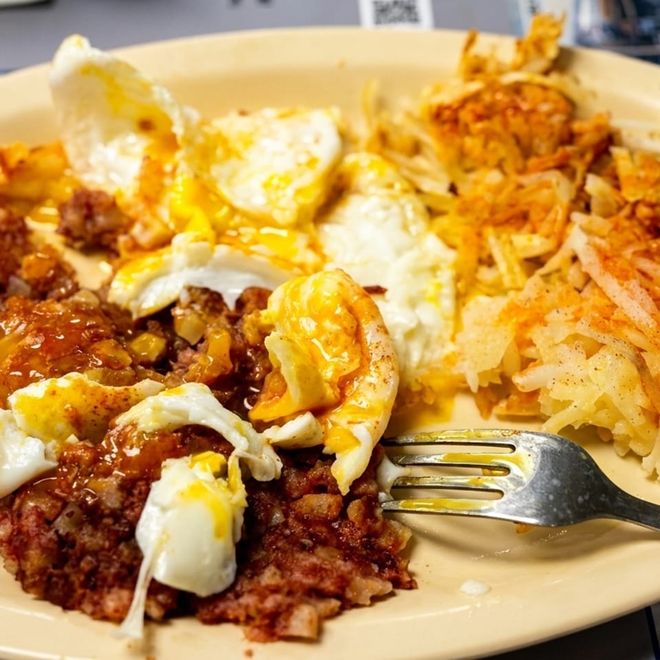 A plate of corned beef hash, fried eggs with runny yolks, and hash browns with paprika.