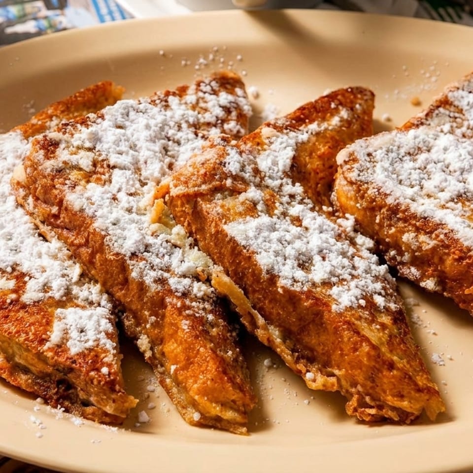 Four golden-brown French toast slices, generously dusted with powdered sugar, on a light yellow plate.