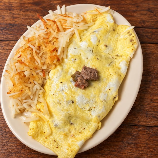 Stew Meat & Cheese Omelette.