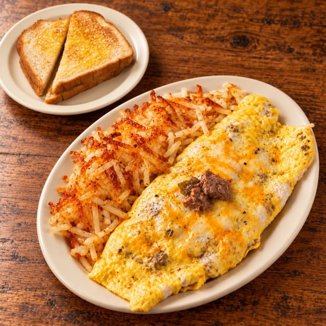 Stew Meat & Cheese Omelette.